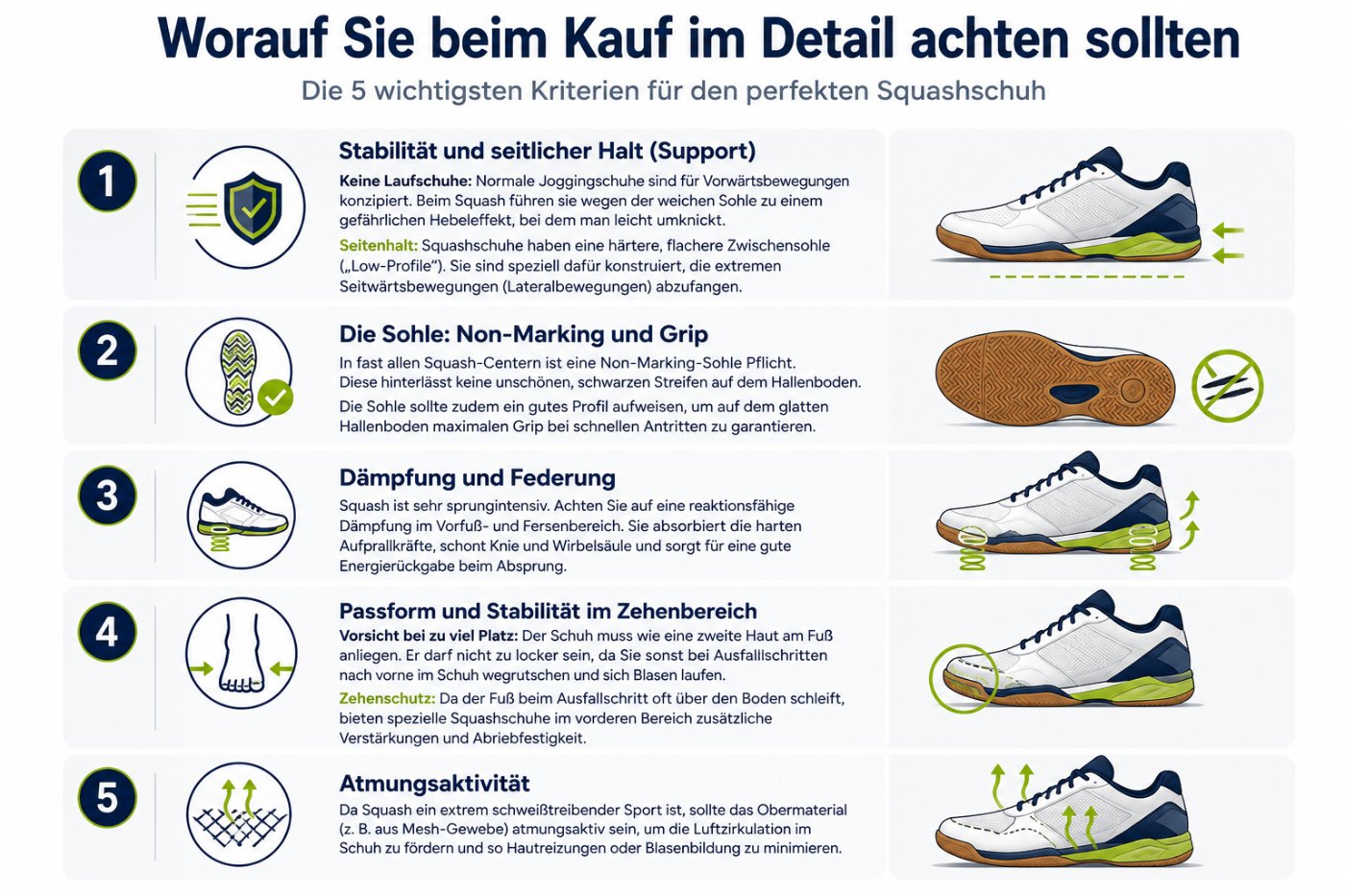 Worauf Sie beim Kauf im Detail achten sollten – die 5 wichtigsten Kriterien für den perfekten Squashschuh